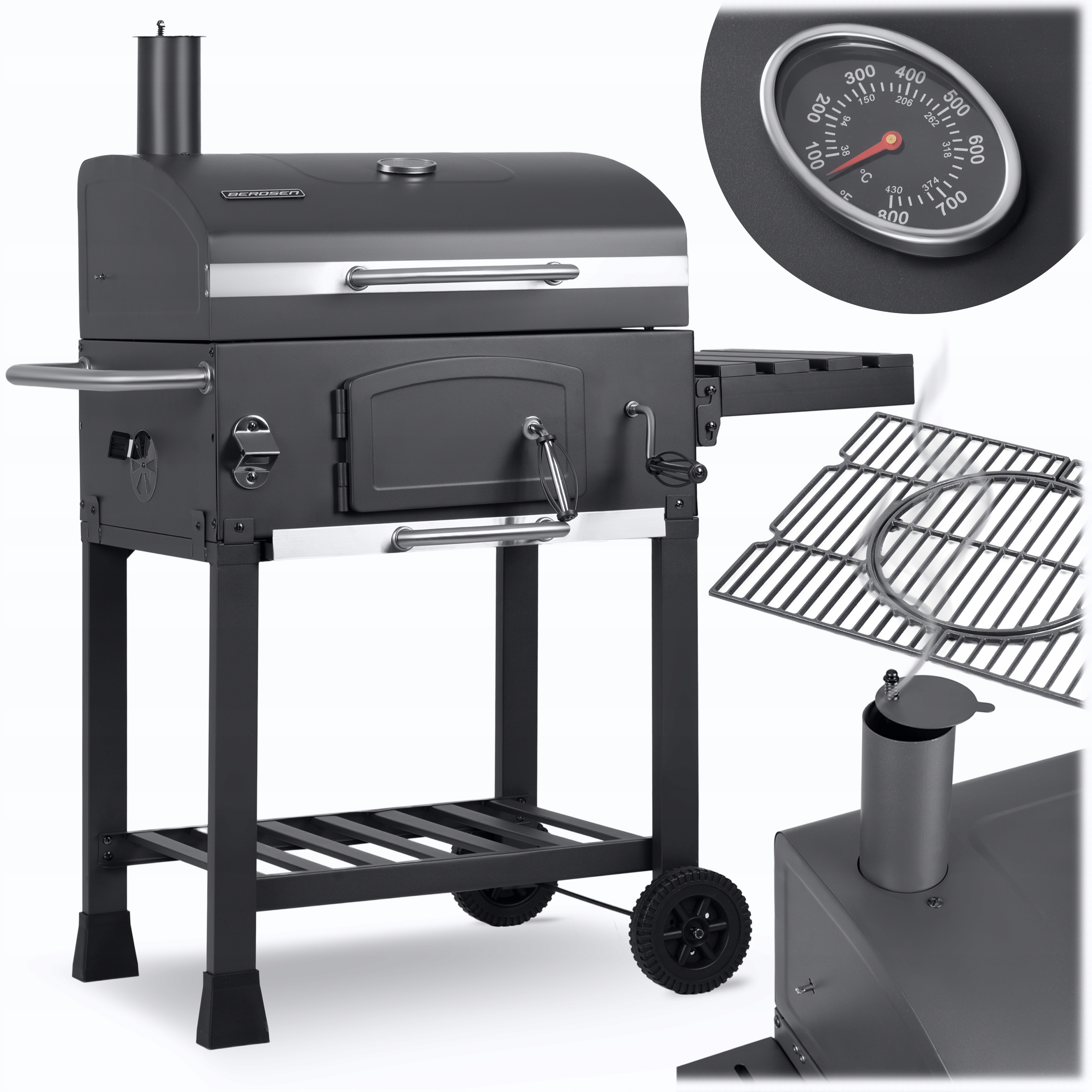 GRILL WĘGLOWY OGRODOWY KOMIN ŻELIWNY RUSZT 57 x 43cm + TERMOMETR DUŻY